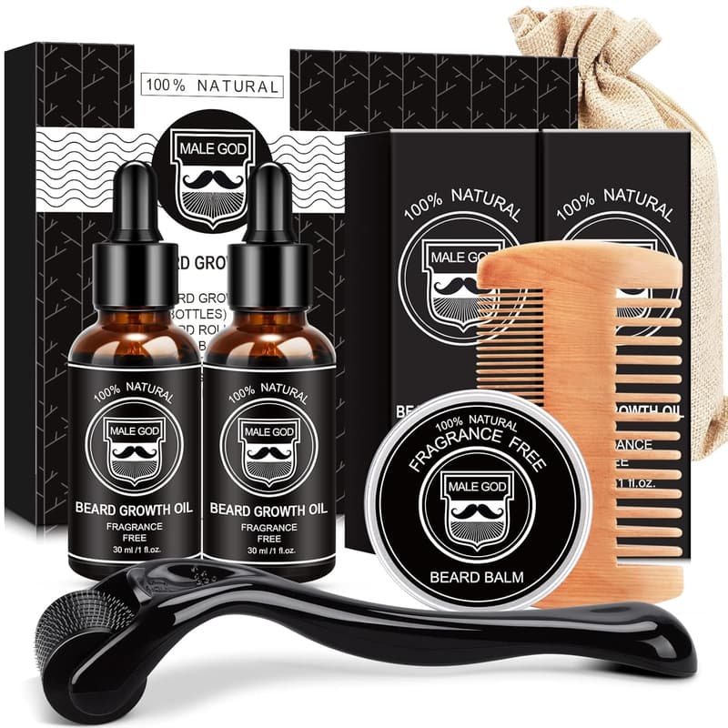 Beard Growth Kit for Men with Oil, Balm, Comb & Massager