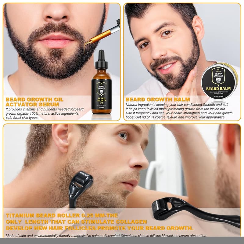 Beard Growth Kit for Men - Oil, Balm, Comb & Massager