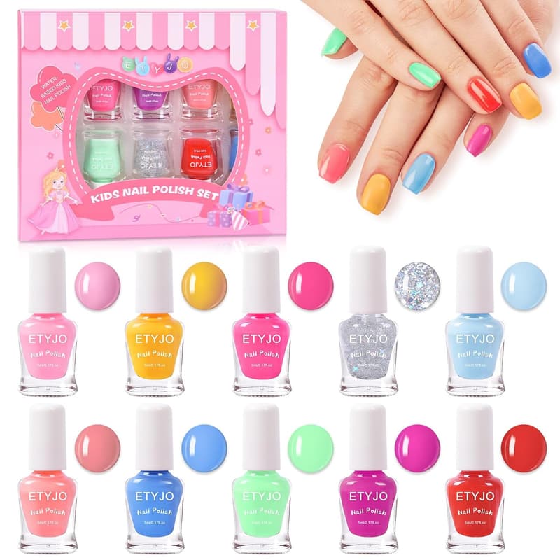 Non-Toxic Kids Nail Polish Set - 10 Rainbow Colors, Peel Off