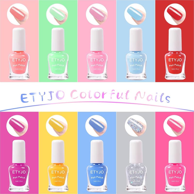 Non-Toxic Kids Nail Polish Set - 10 Rainbow Colors, Peel Off