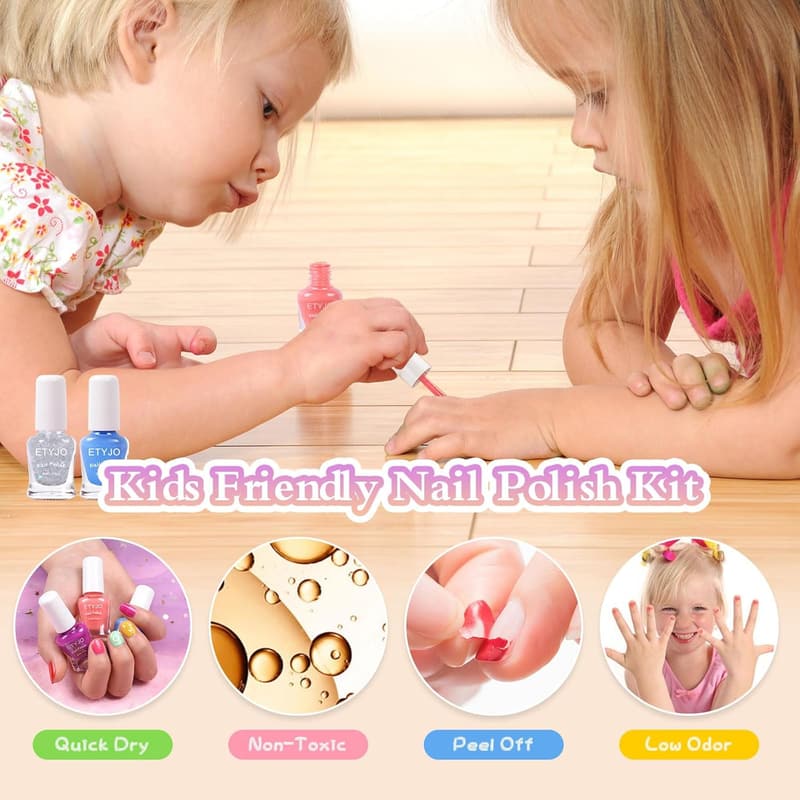 Non-Toxic Kids Nail Polish Set - 10 Rainbow Colors, Peel Off