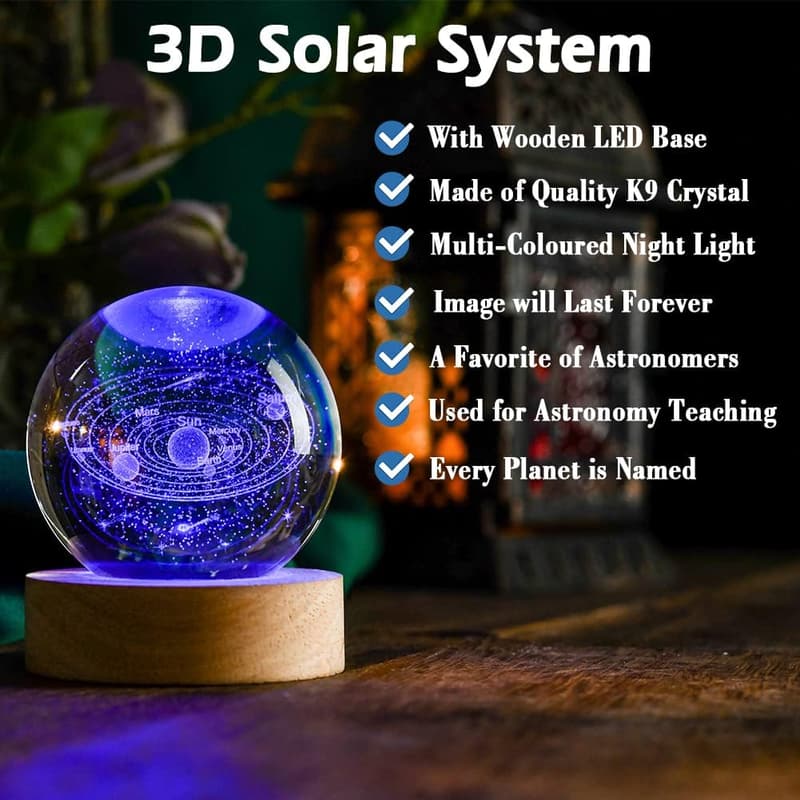 3D Solar System Crystal Ball - 60mm Astronomy Decor Gift