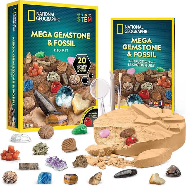 Mega Fossil and Gemstone Dig Kit for Kids - 20 Real Fossils and Gems
