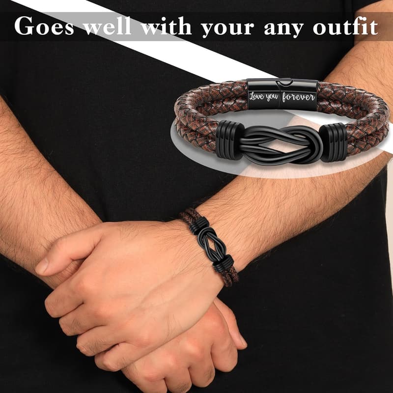 Brown Leather Infinity Cuff Bracelet for Men - 