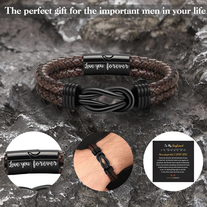 Brown Leather Infinity Cuff Bracelet for Men - 