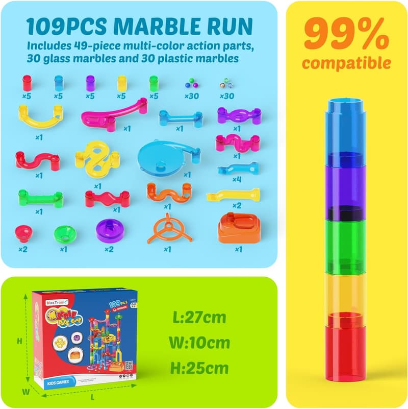 STEM Marble Run Building Blocks Toy - 109 Pieces for Kids