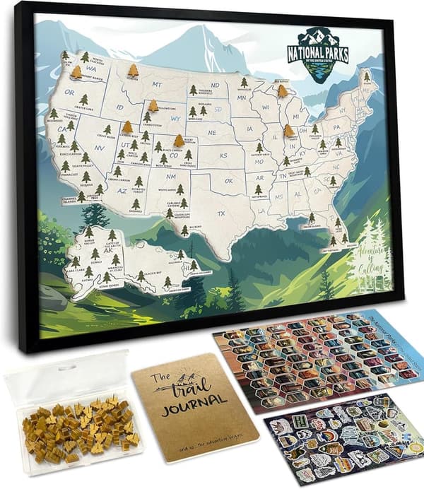 National Parks Map with Wooden Pins - Gift for Nature Lovers