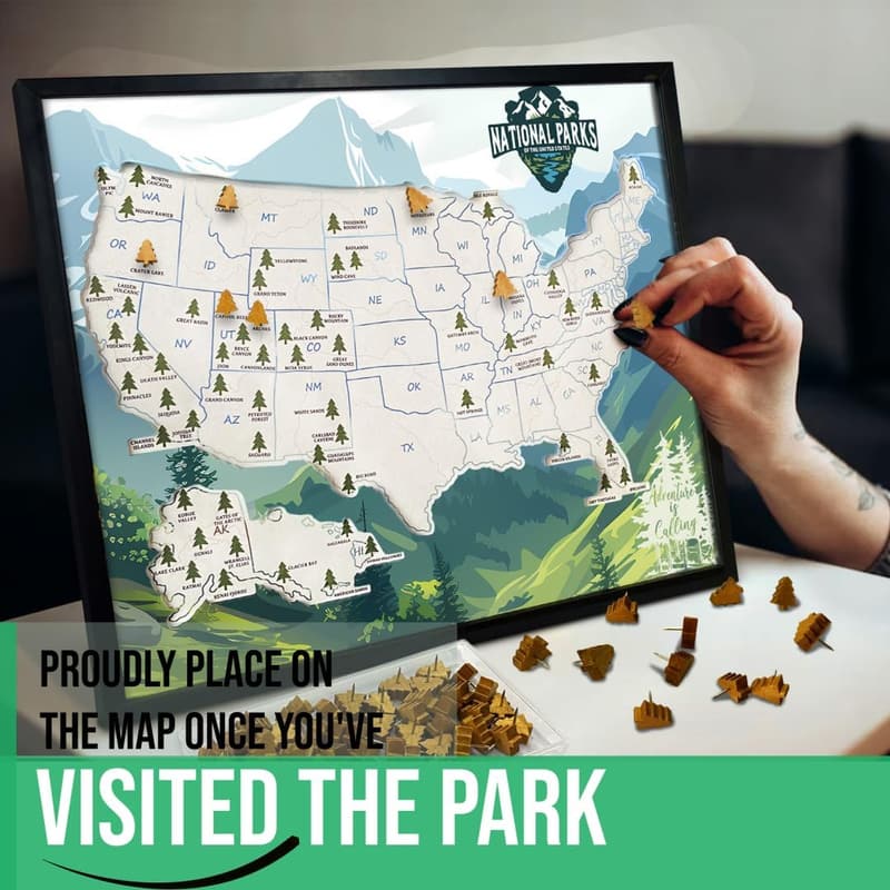 National Parks Map with Wooden Pins - Gift for Nature Lovers