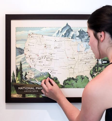 USA National Parks Push Pin Travel Map with Espresso Frame