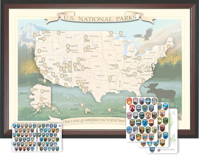 National Parks Push Pin Map - Framed Travel Poster 28x19 inches