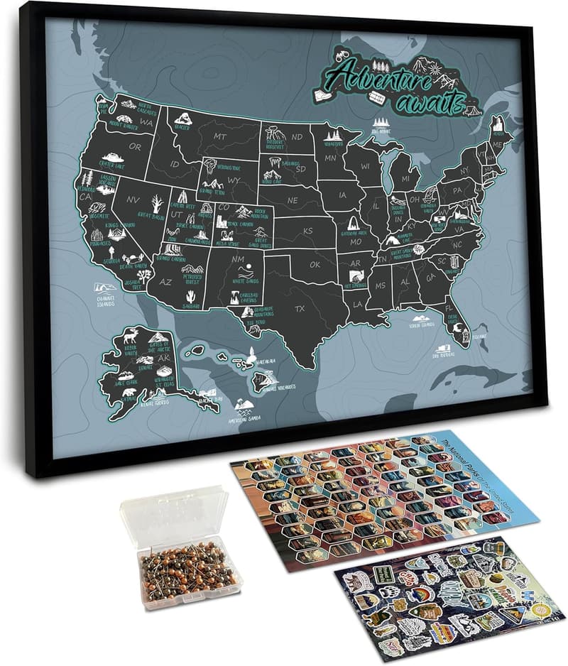 National Parks Map Tracker with Push Pins - 12x10 for Hikers & Families