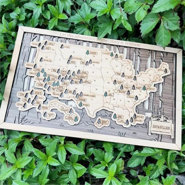 National Parks Map Checklist Wall Decor with Push Pins - Travel Tracker Gift