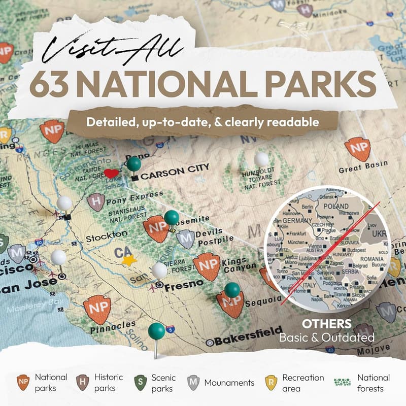 USA National Parks Push Pin Travel Map - Customizable Wall Art
