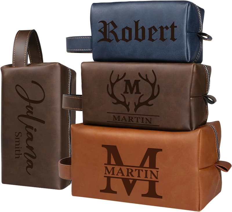Personalized Leather Toiletry Bag for Men - Engraved Travel Kit