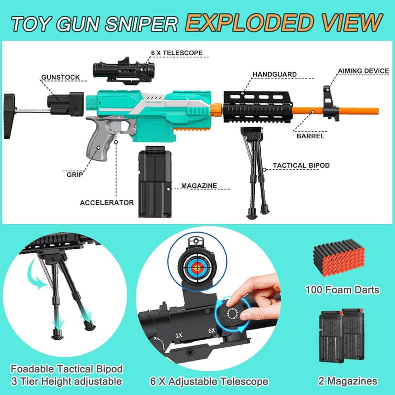 Automatic Toy Foam Blaster for Kids - 3 Modes, 100 Bullets