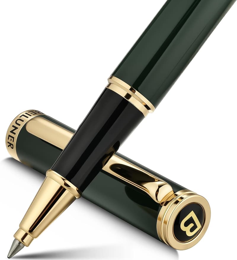 Luxury Green Rollerball Pen with 24K Gold Trim - Refillable Gift Set