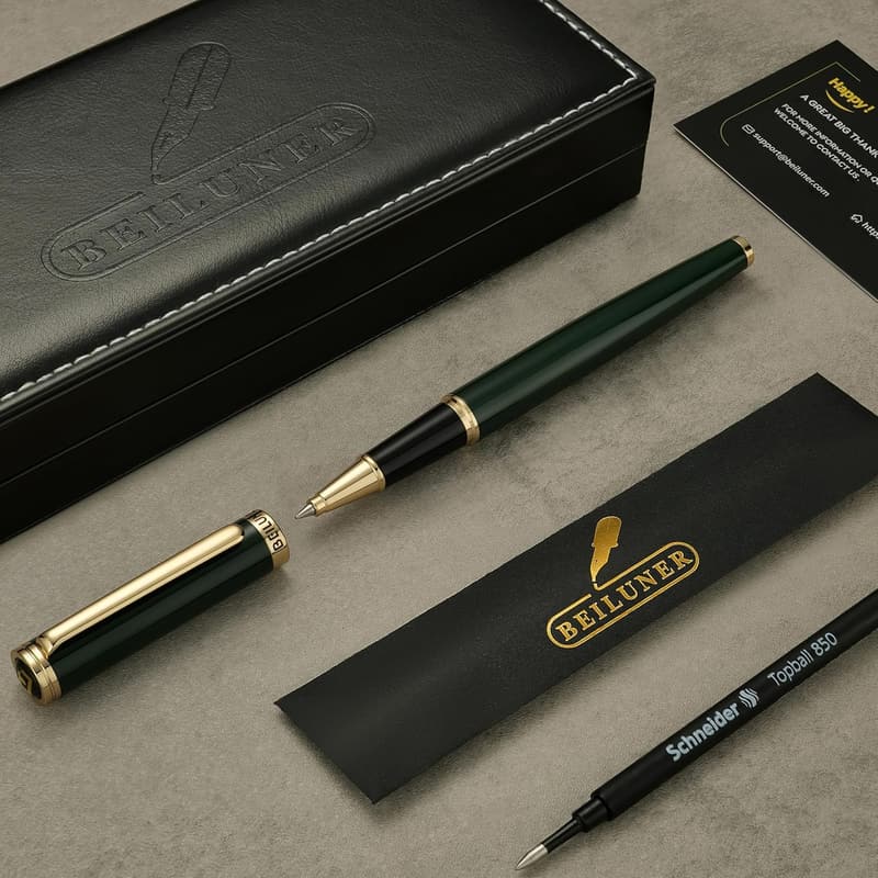 Luxury Green Rollerball Pen with 24K Gold Trim - Refillable Gift Set