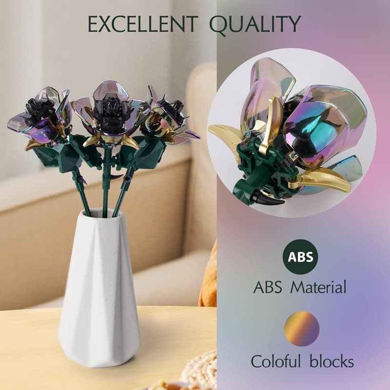 Rainbow Rose Flower Bouquet Building Set - 120 pcs for Adults