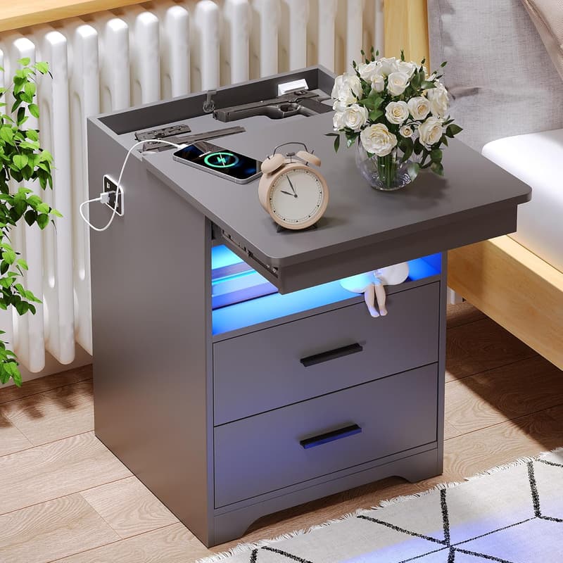 Modern Nightstand with Gun Drawer & USB Charging, Grey