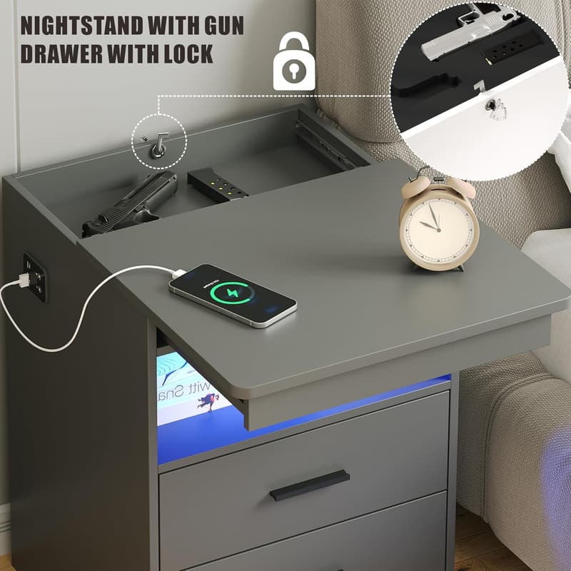 Modern Nightstand with Gun Drawer & USB Charging, Grey