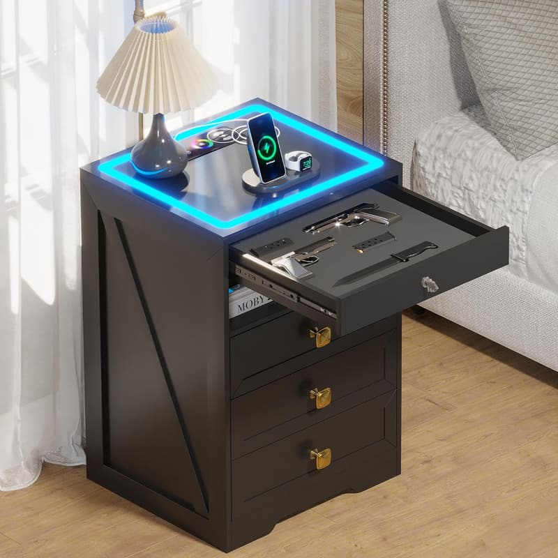 Modern LED Nightstand with Gun Drawer & Wireless Charging