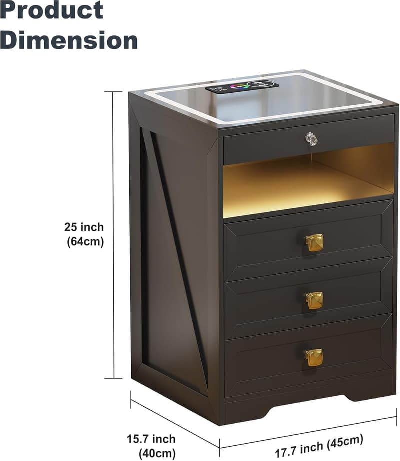 Modern LED Nightstand with Gun Drawer & Wireless Charging