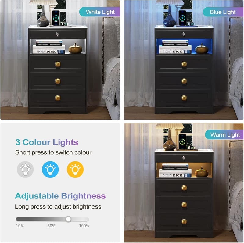 Modern LED Nightstand with Gun Drawer & Wireless Charging