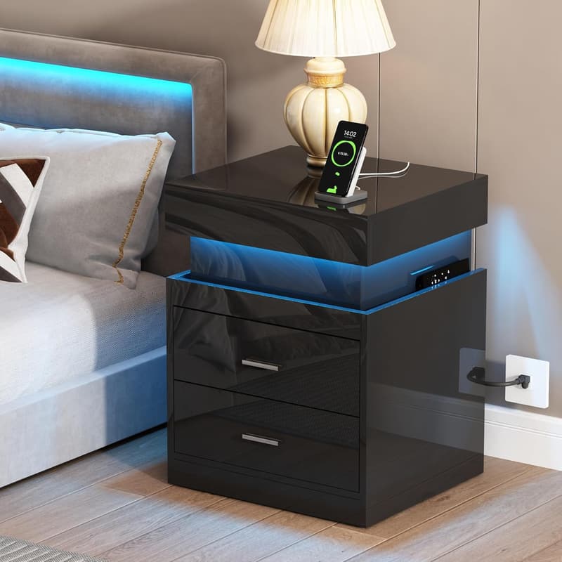 Modern LED Nightstand with Charging Station and Storage - Black
