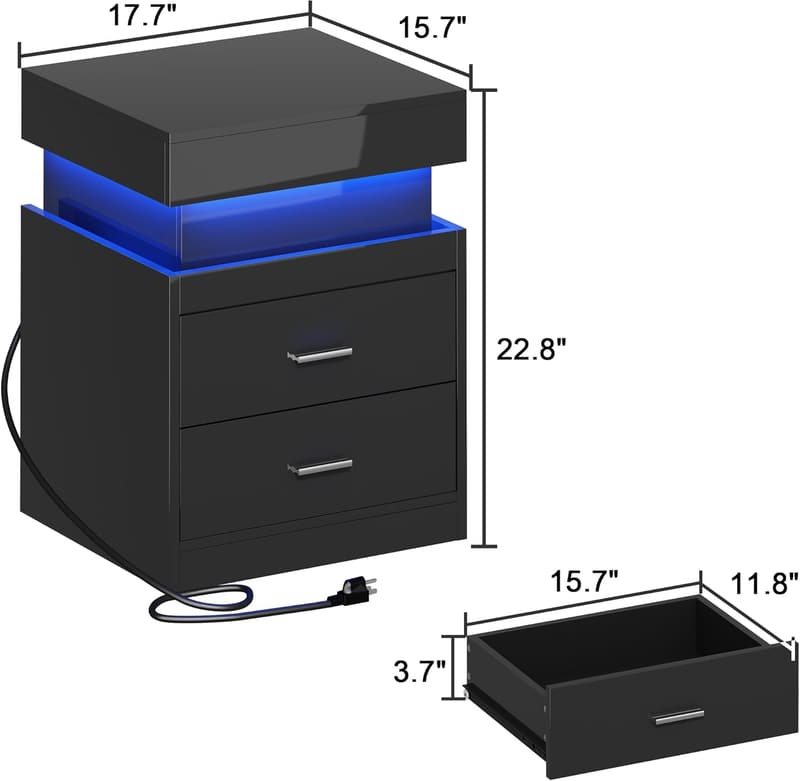 Modern LED Nightstand with Charging Station and Storage - Black