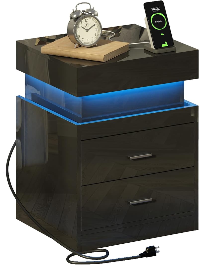 Modern LED Nightstand with Charging Station and Storage - Black