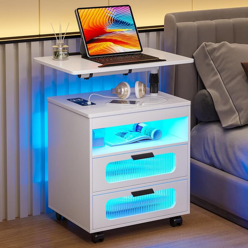 Modern White Nightstand with Wireless Charging & LED Light