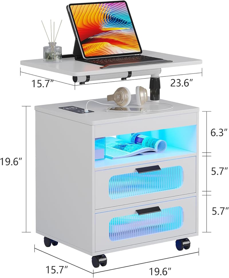 Modern White Nightstand with Wireless Charging & LED Light