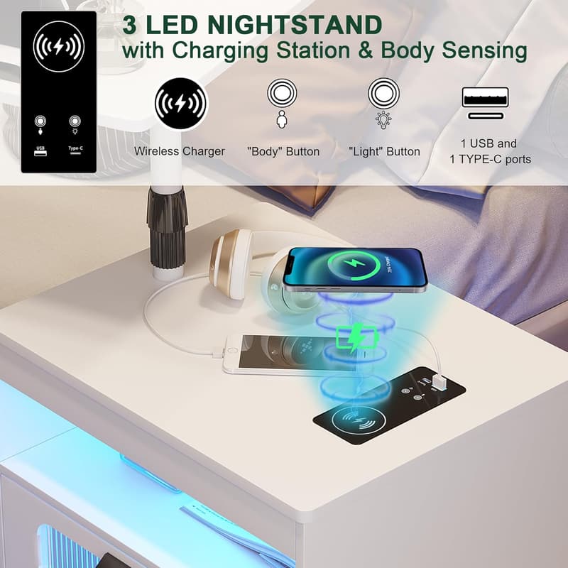 Modern White Nightstand with Wireless Charging & LED Light