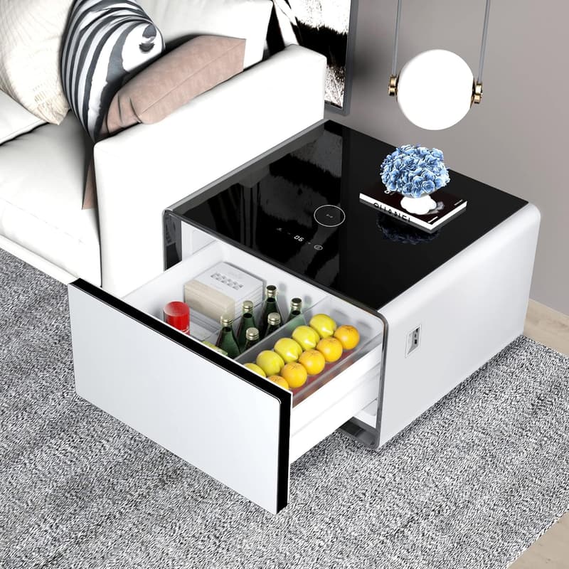 Smart Coffee Table with Mini Fridge & USB Port (White)