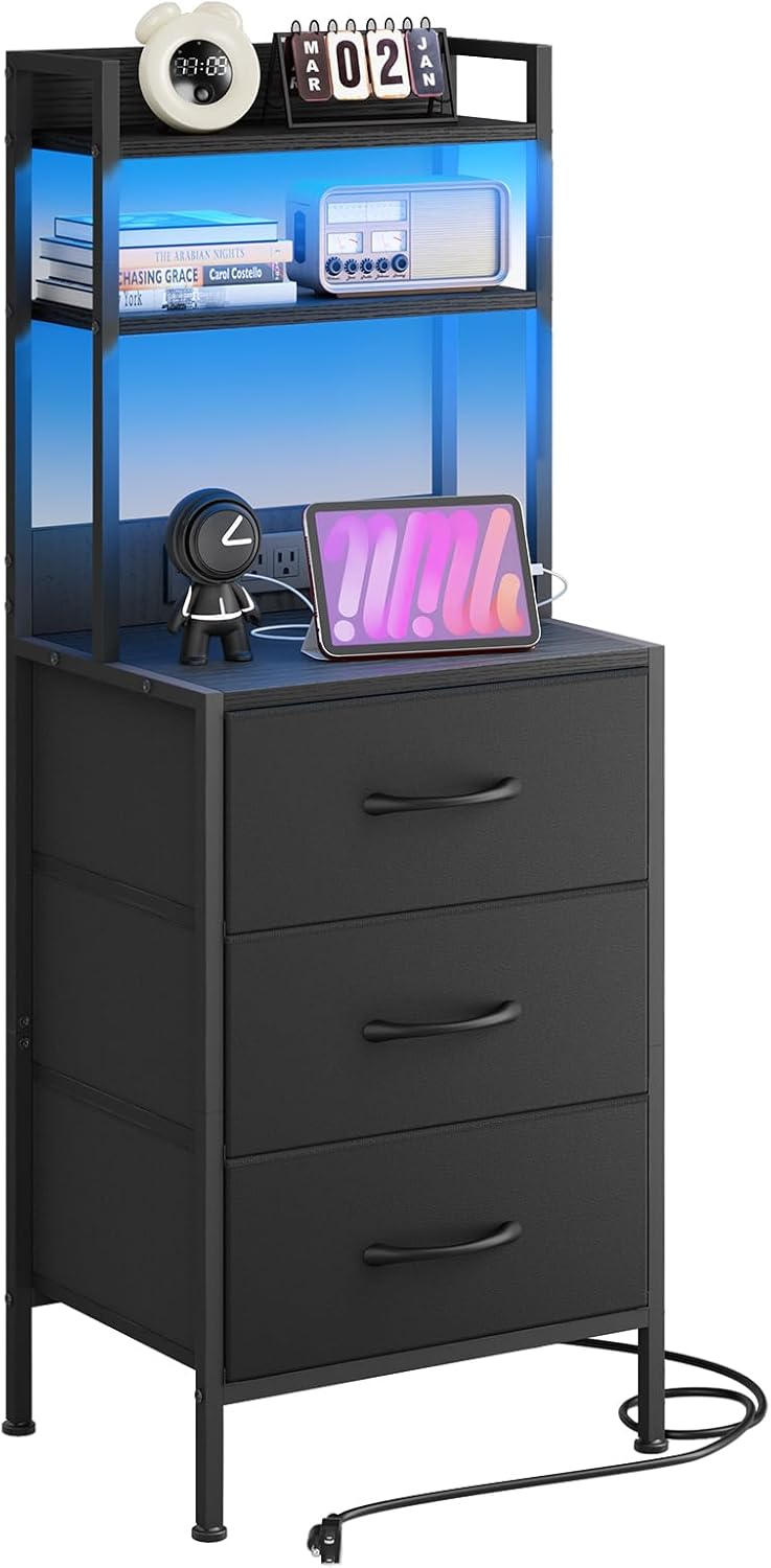 41-Inch Black Nightstand with Charging Station and Storage Drawers