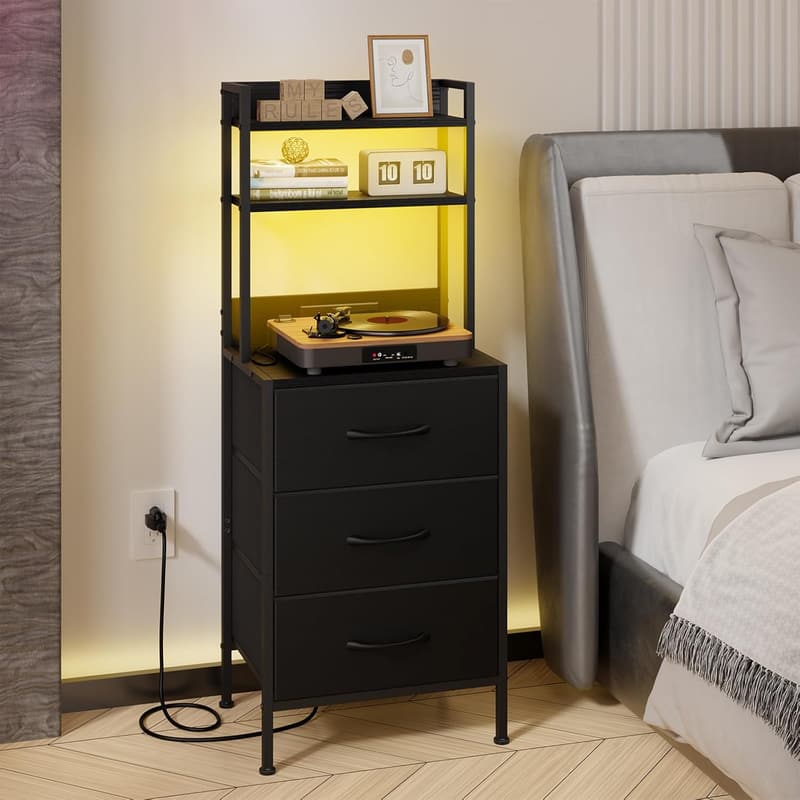 41-Inch Black Nightstand with Charging Station and Storage Drawers