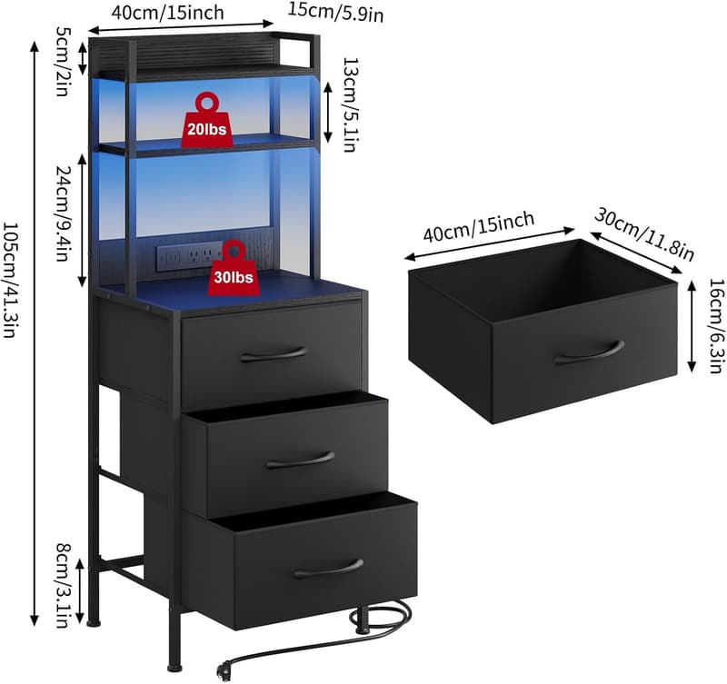 41-Inch Black Nightstand with Charging Station and Storage Drawers