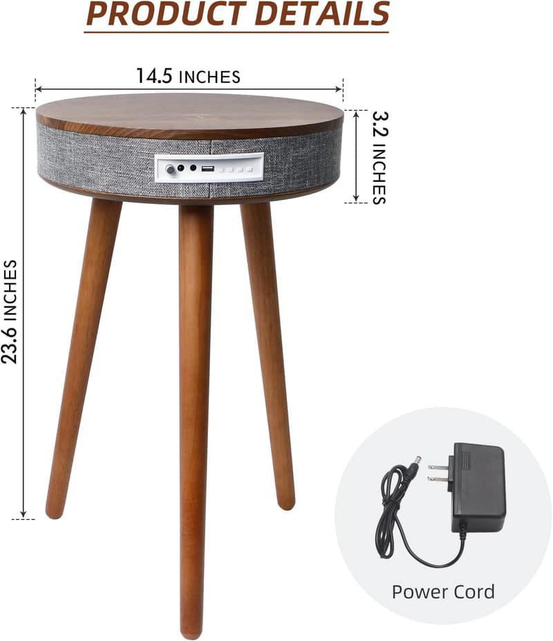 Smart Round End Table with Bluetooth Speaker & Wireless Charger
