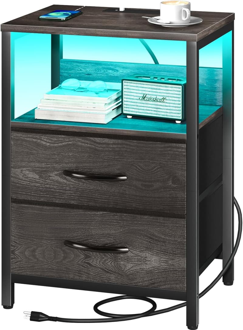 LED Nightstand with Charging Station and Storage Drawers