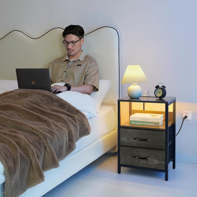 LED Nightstand with Charging Station and Storage Drawers