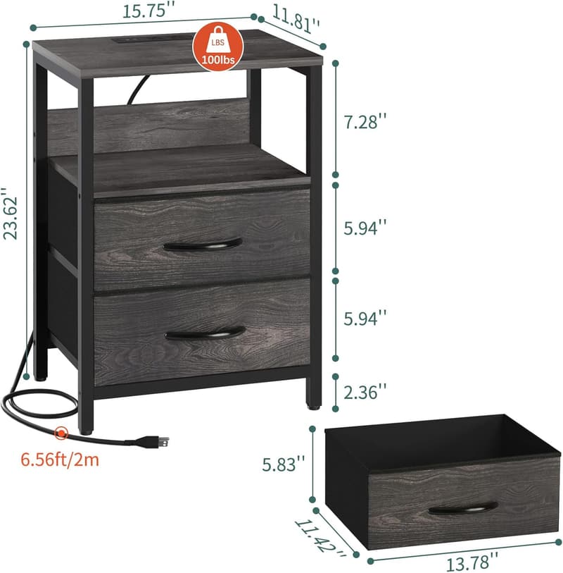 LED Nightstand with Charging Station and Storage Drawers
