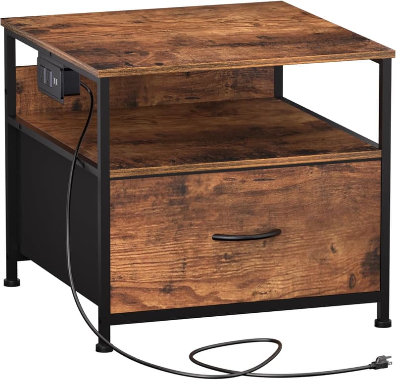 Rustic Brown Mini Fridge Table with Drawer and Charging Station