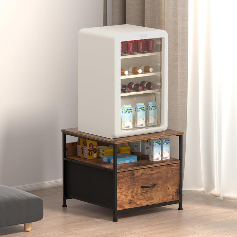 Rustic Brown Mini Fridge Table with Drawer and Charging Station
