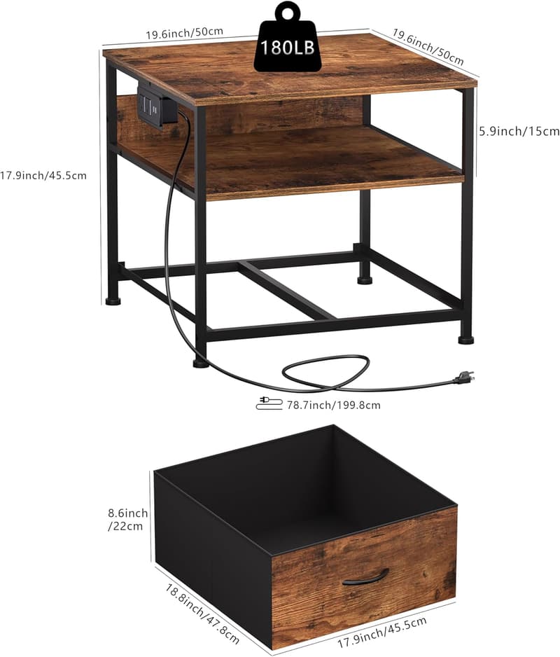 Rustic Brown Mini Fridge Table with Drawer and Charging Station