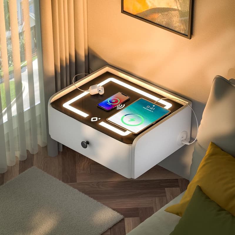 Wall-Mounted White Nightstand with LED Charging Station