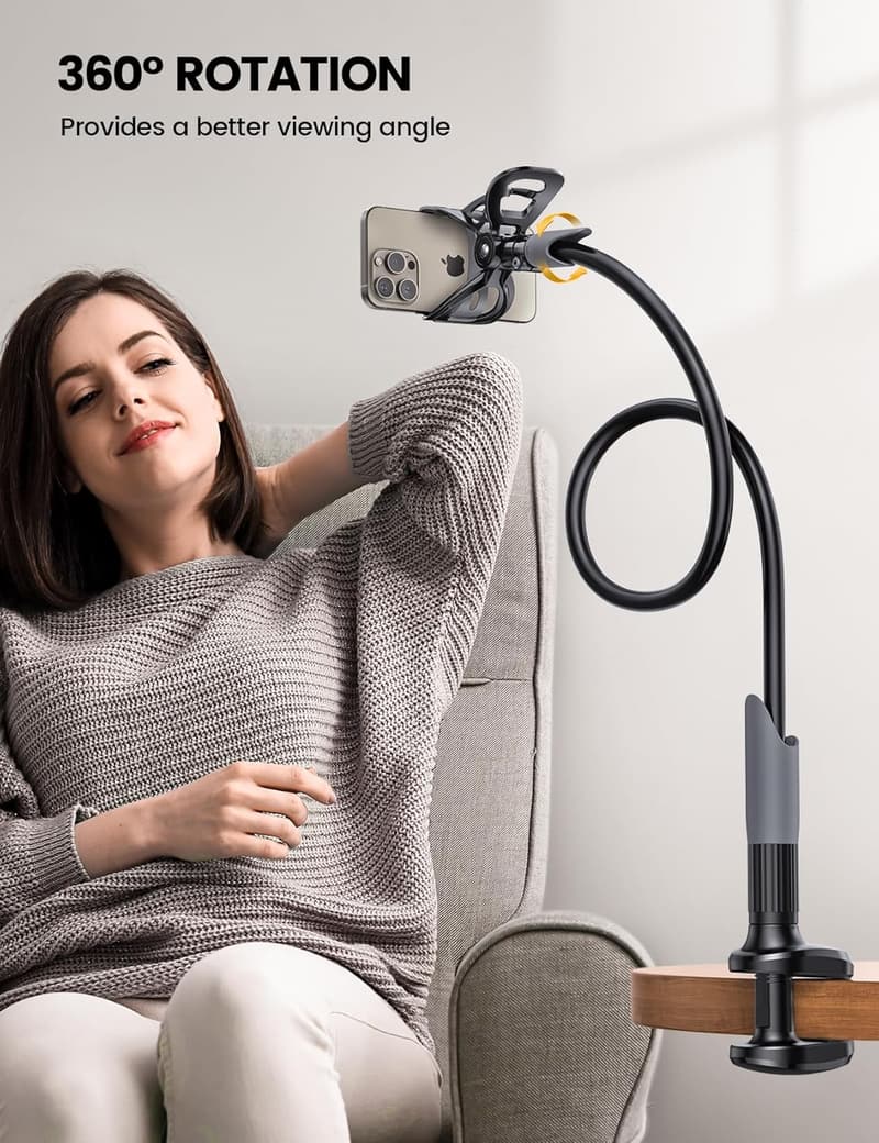 Gooseneck Phone Holder for Bedside - Flexible Mount Clamp for 4-7