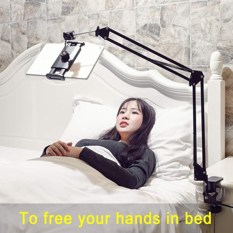360° Rotating Tablet Stand for Bed, Aluminum Arm, Fits 4.7-12.9