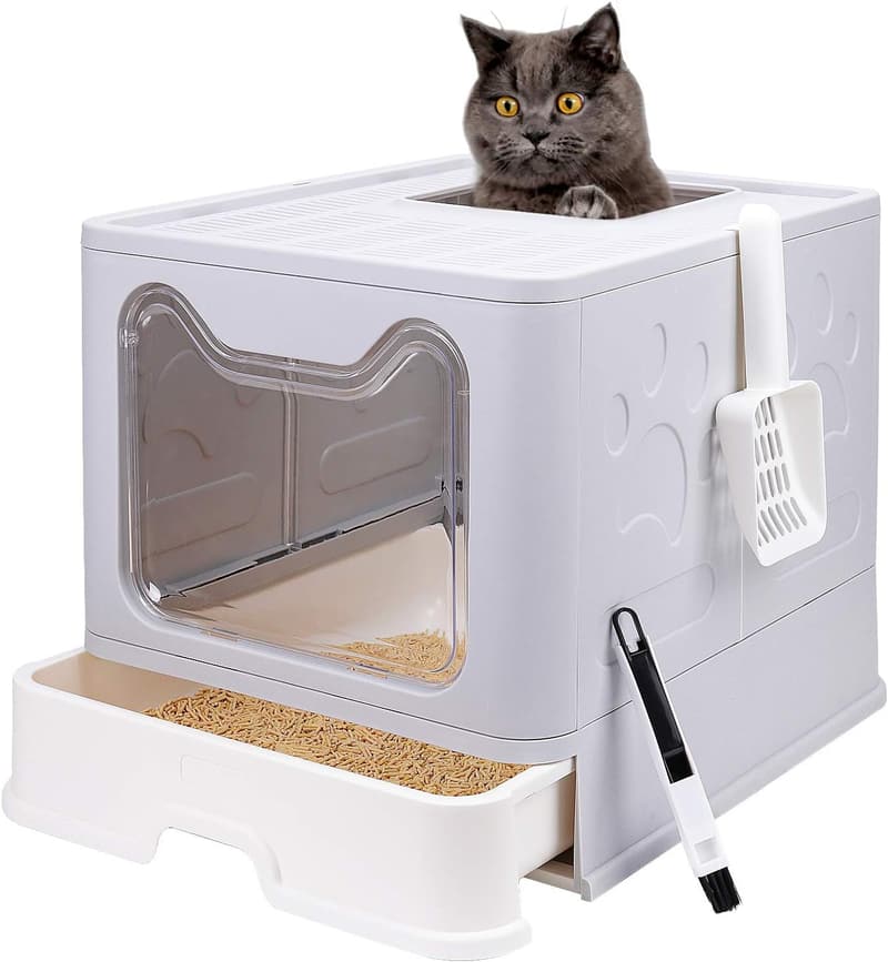 Large Foldable Cat Litter Box with Lid & Cleaning Tools (Grey)