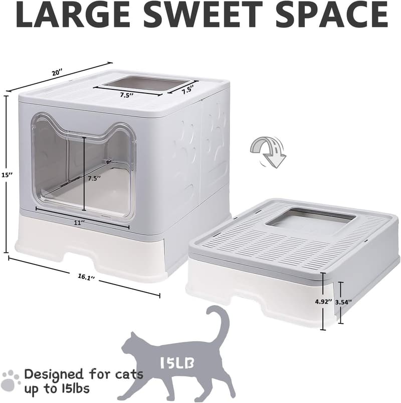 Large Foldable Cat Litter Box with Lid & Cleaning Tools (Grey)