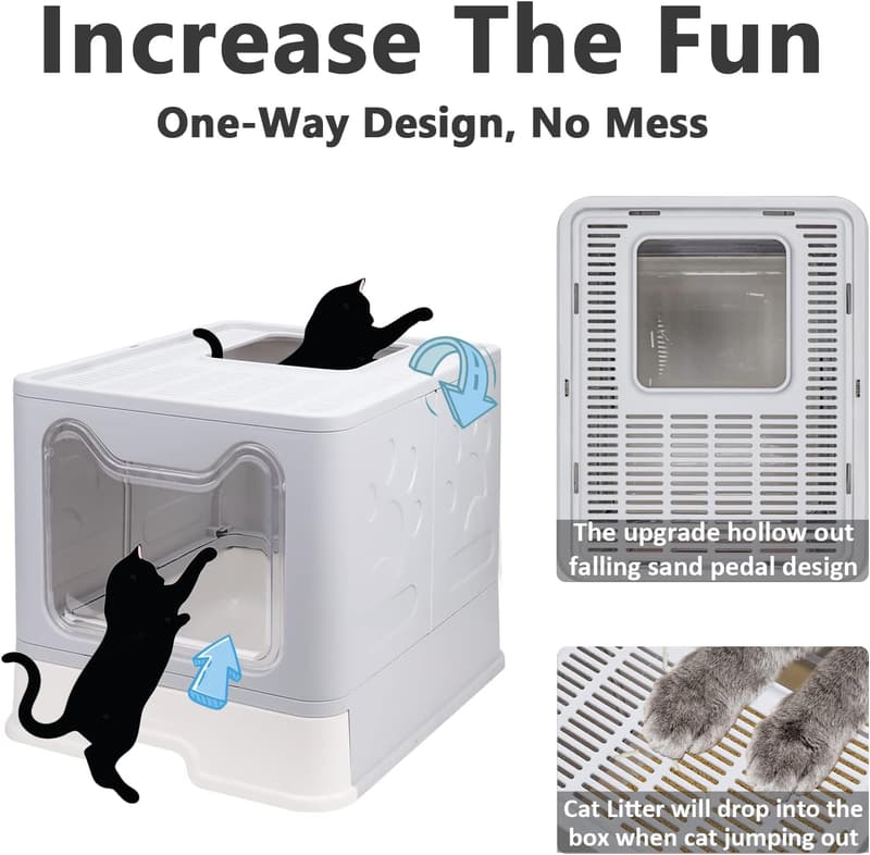 Large Foldable Cat Litter Box with Lid & Cleaning Tools (Grey)